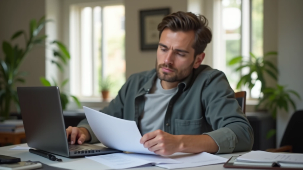 Person reviewing bank statements and bills at home office desk with laptop