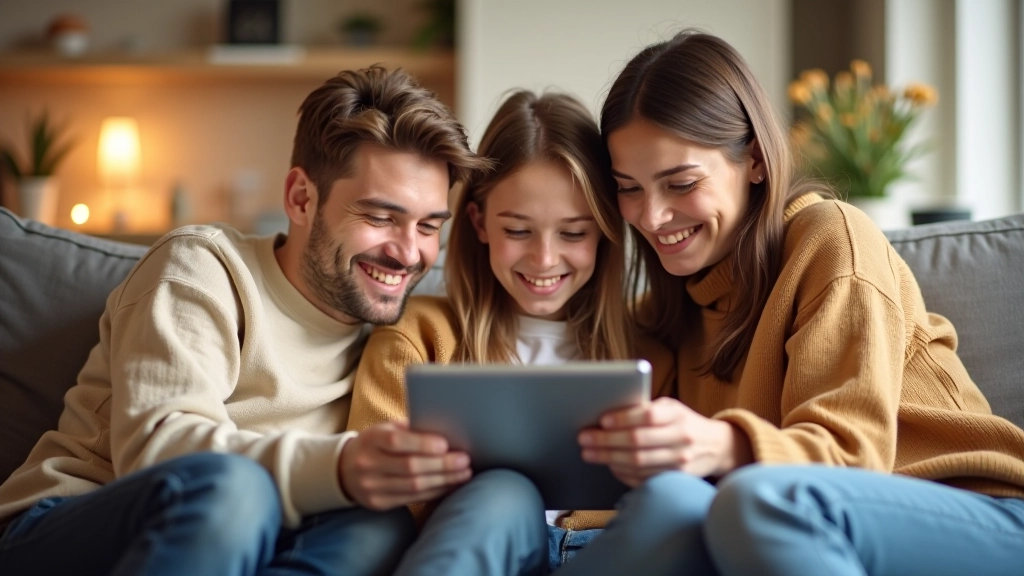 Perekond istub koos arvutiga ja naeratab, kasutades e-teenuseid kodus