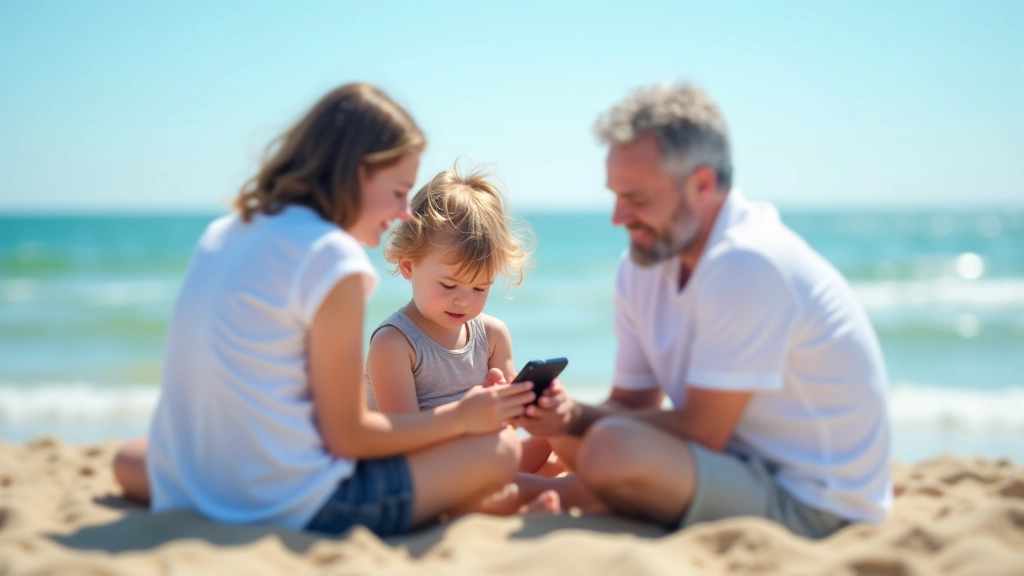 Peremees koos lapsega istub rannas nutiseadmega, meri taustal, päikeseline päev