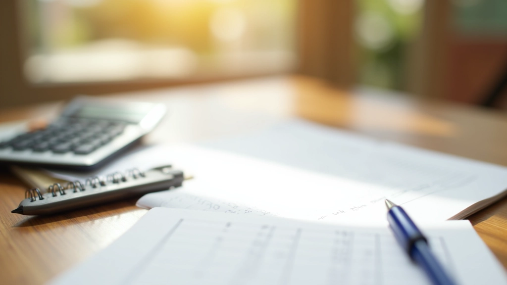 Financial planning documents and calculator on wooden desk with morning coffee