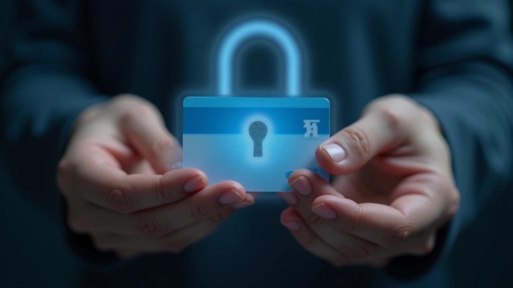 Käed ID-kaardiga, turvalisus ja kaitse kontseptsioon, kell või lukk nähtav