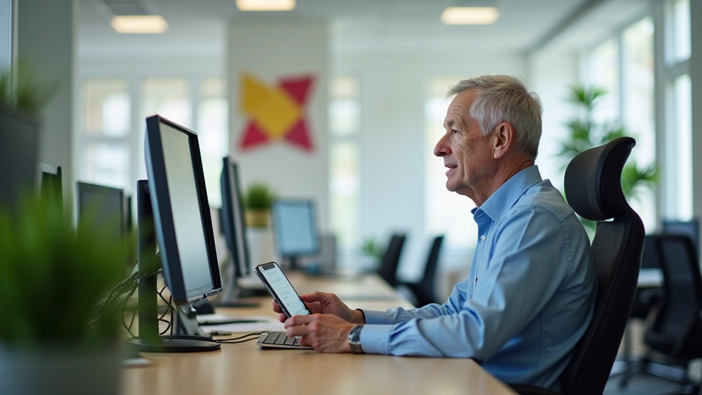 Vanem mees istub arvuti ees, ekraanil omavalitsuse rakendus, heledas kontorikeskkonnas