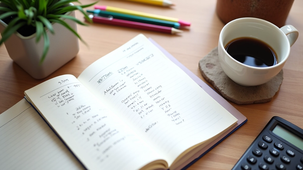 Expense tracking notebook with colored pens and financial calculator on wooden desk