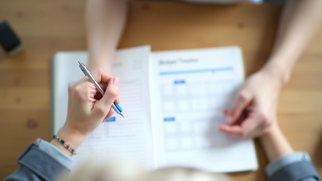 Hands writing in notebook with budget tracker, pen marking checkboxes, organized financial planning layout on desk