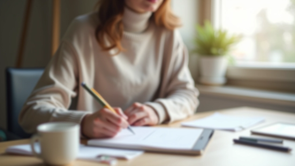 Person writing budget notes in journal with coffee cup on minimalist desk setup