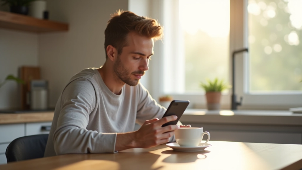 Person sitting at kitchen table with morning coffee and phone, checking banking app, natural morning light streaming through window