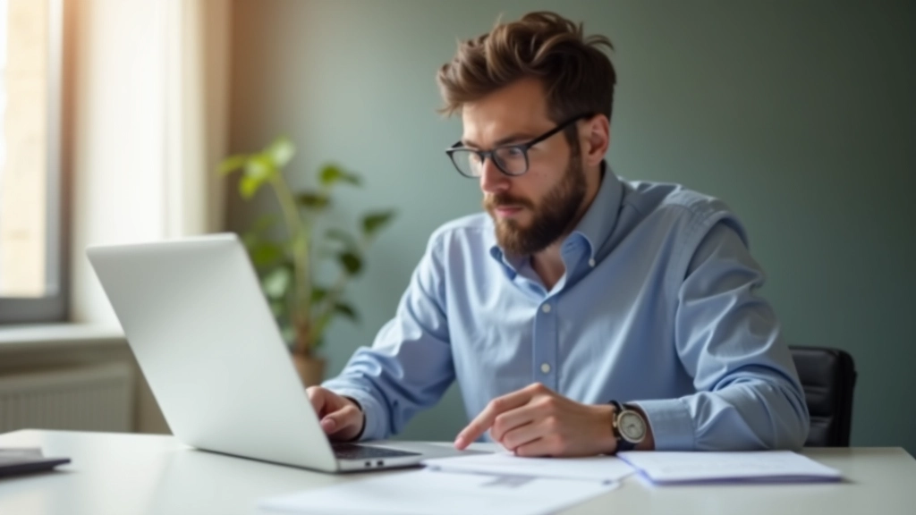 Person reviewing bank statements and account details on laptop screen with notebook