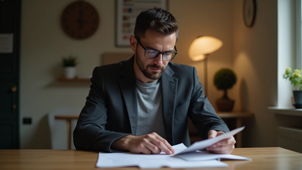 Person managing finances at home office desk with notebook and laptop
