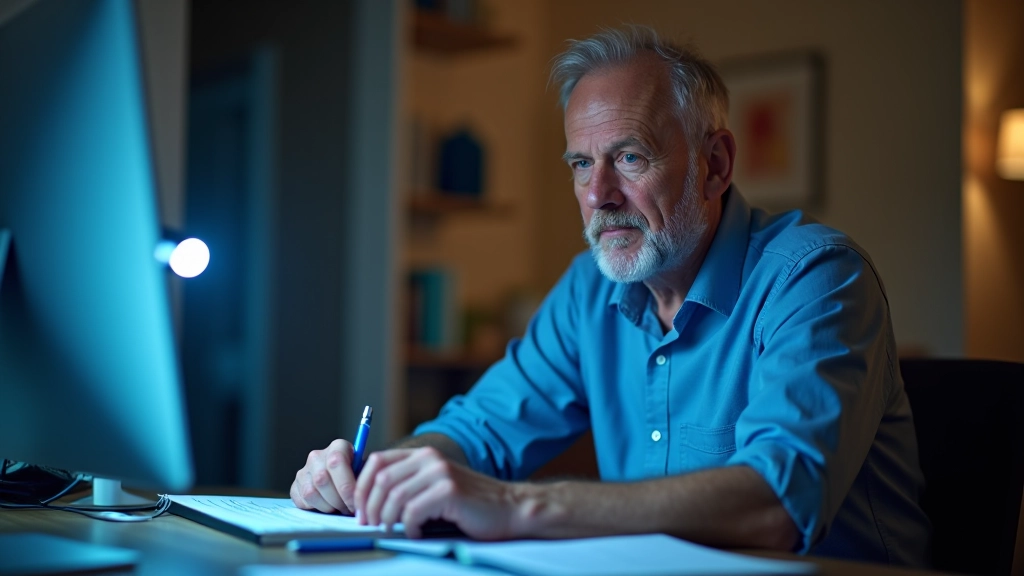 Vanem mees istub dokumentide ja notebookiga koduses kontoris, sinine valgus arvutist, kuivõrd keskendunud