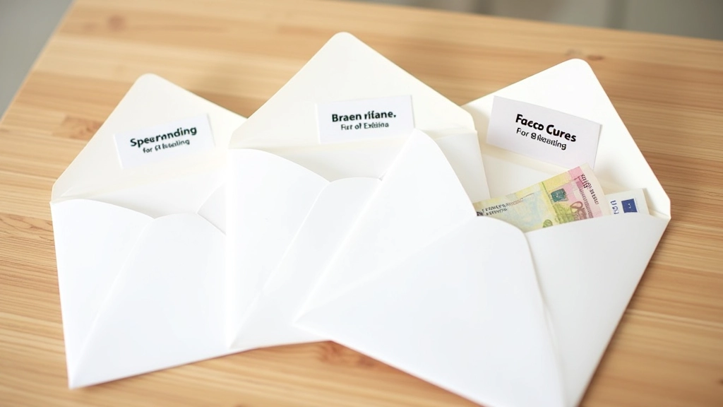 Physical envelope system with labeled envelopes and cash organized on wooden table surface