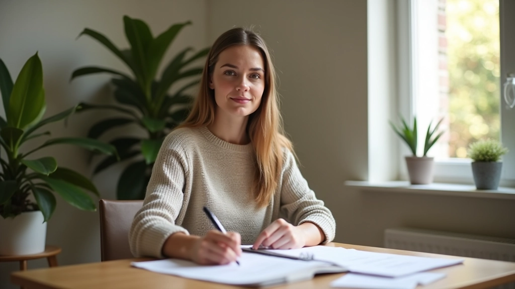 Woman reviewing monthly budget notes in calm home office with natural lighting and organized desk