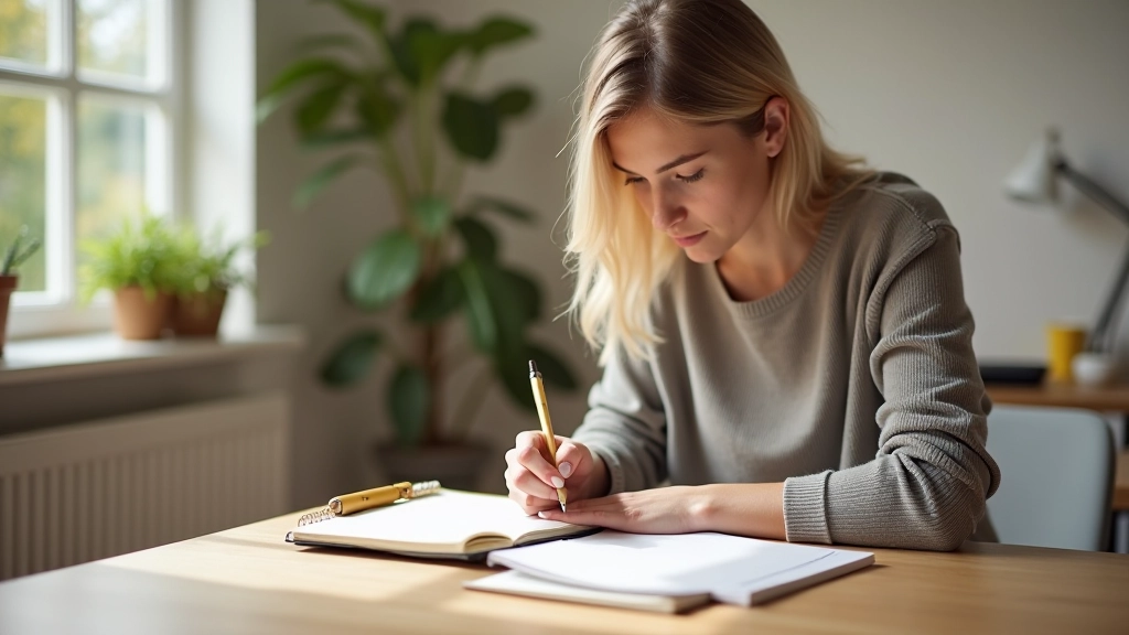 Person writing financial notes in organized notebook at home desk with morning coffee